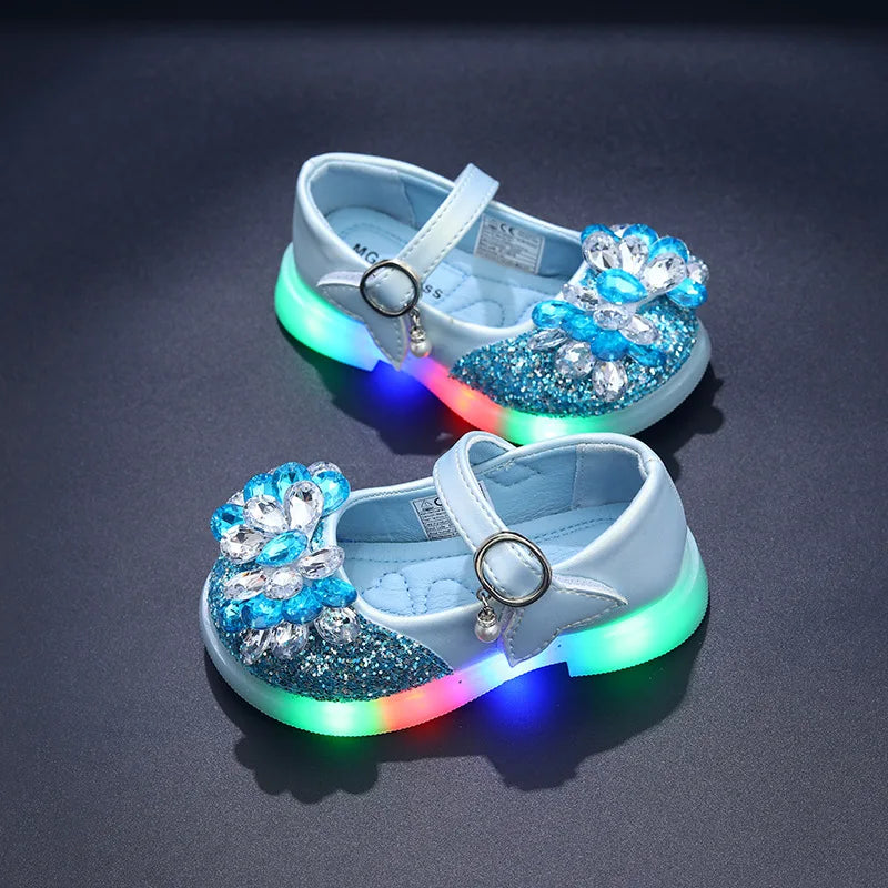 Kids'Casual Shoes Girls Led Light PU Leather Spring Fashion Crystal Flat Bottom Anti-slip Soft Bottom Blue Pink Silver