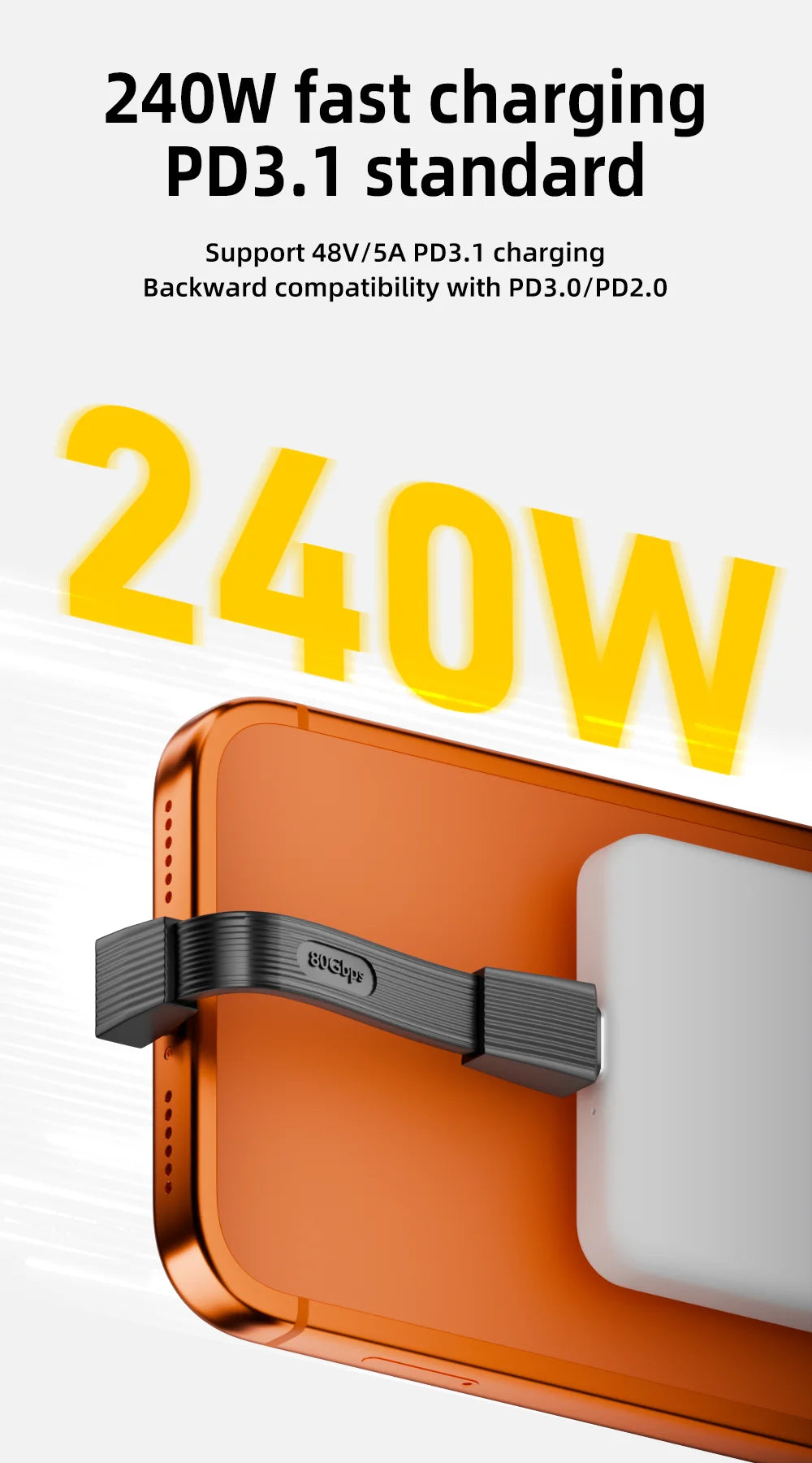 USB 4.0 Type-C to Type-C Cable 240W Fast Charging 80Gbps Data Transmission 8K60Hz Short Soft Cable Suitable for Computer Mobile