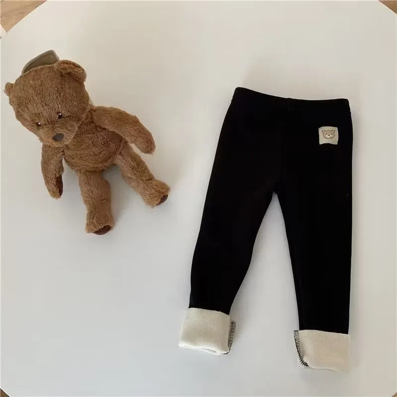 Autumn Girl's Leggings Fleece Lined Kid's Trousers Cartoon Bear Elastic Skinny Warm Pants for Girls