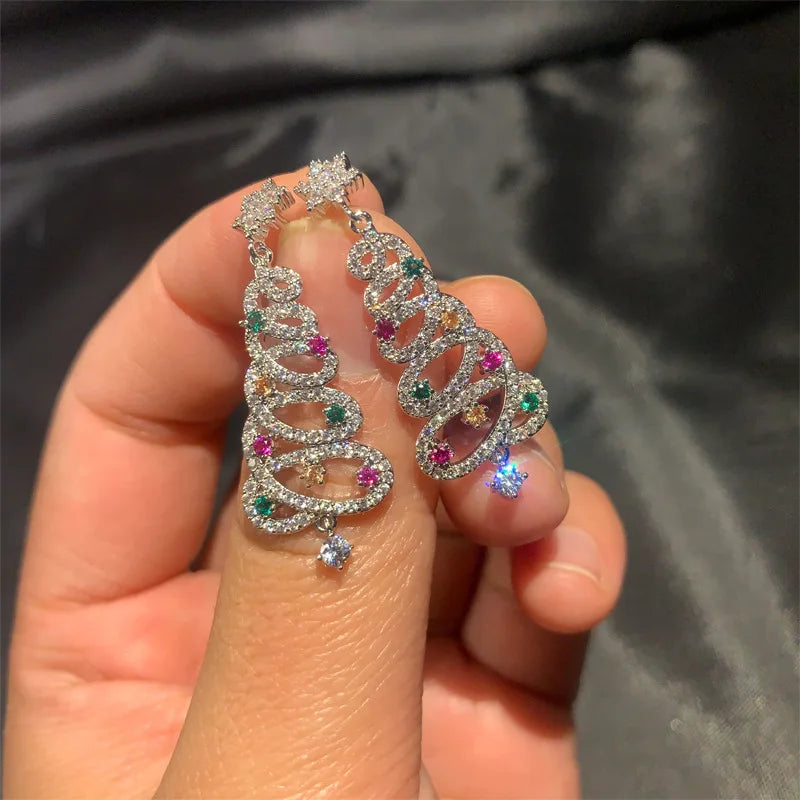 Colorful Zircon Christmas Tree Earrings for Women Fashion Red Green Crystal Tree Pendant Earring New Year Holiday Jewelry Gifts