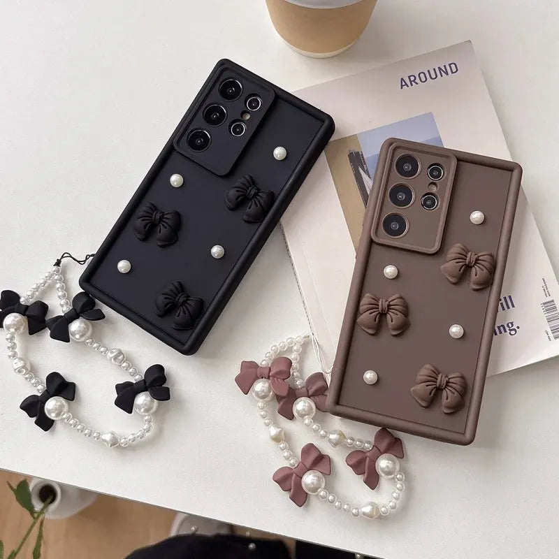 Bow Pearl Chain Rope Phone Case For OPPO A5X A5 Pro A60 4G 5G Reno 14 Pro 14F 8T 8Z 7Z 6Z 5Z 4Z 2Z Realme 14T 14 C71 Rope Cover