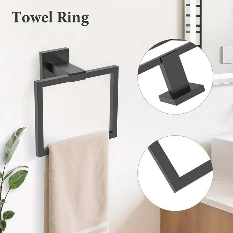 Towel Ring - Thicken Stainless Steel Towel Holder, Towel Racks for Bathroom, Square Modern Design Hand Towel Holder, Matte Black