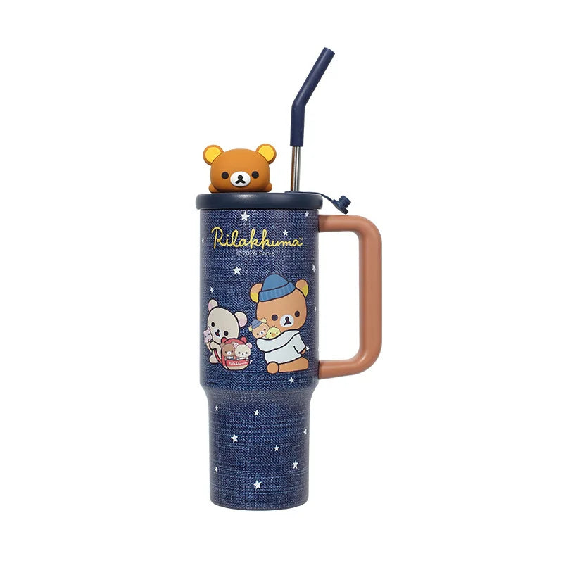 Rilakkuma Stainless Steel Tumbler Large Capacity Insulated Water Cup With Straw Cartoon Portable Travel Drinking Mug