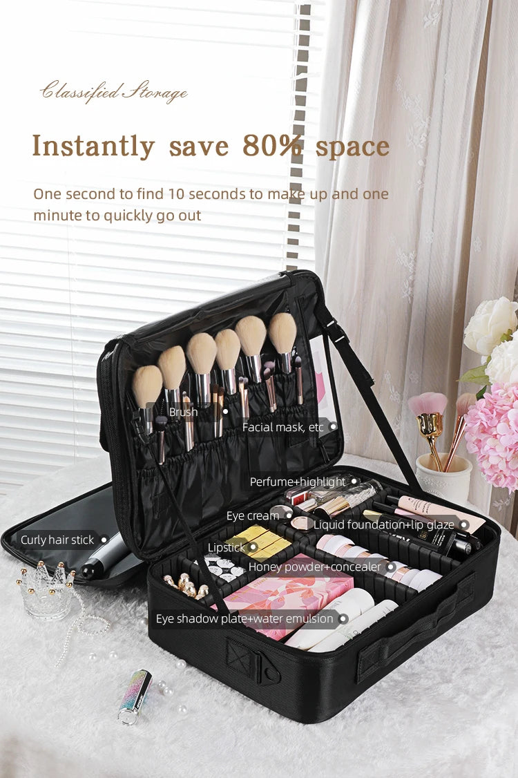 Travel Makeup Bag Makeup Train Cases Professional Lipstick Organizer with Shoulder Strap Adjustable Dividers for Cosmetics Makeu