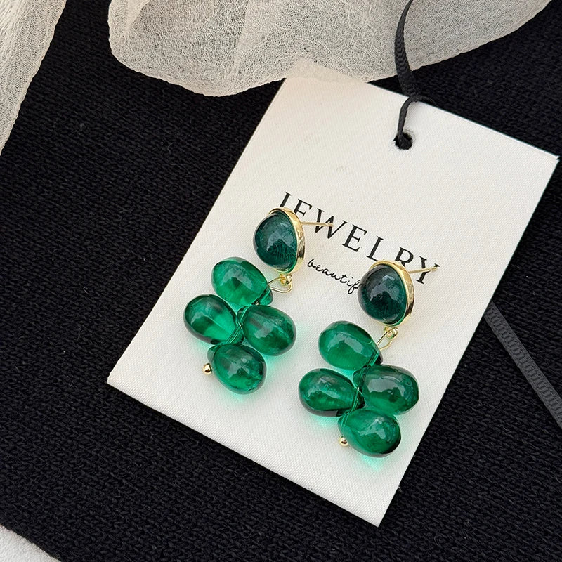 Green Water Droplet Bead Earrings Women Simple Glass Bead Tassel Vintage Unique Classical Earrings Women Jewelry Gifts