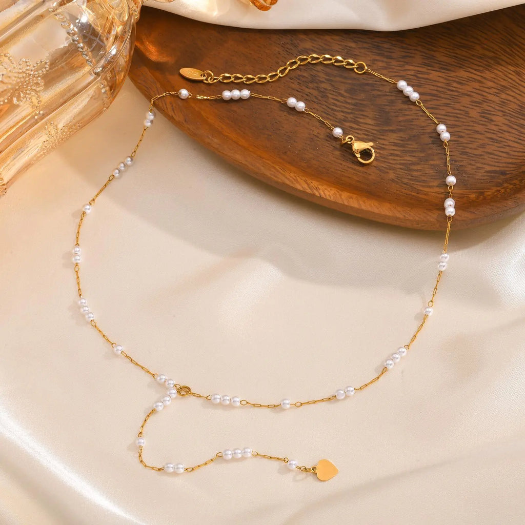 Women Pearl Long Necklace, Y Shape Pearl Drop Lariat Necklace, Waterproof Gold Plated Valentine's Day Gift