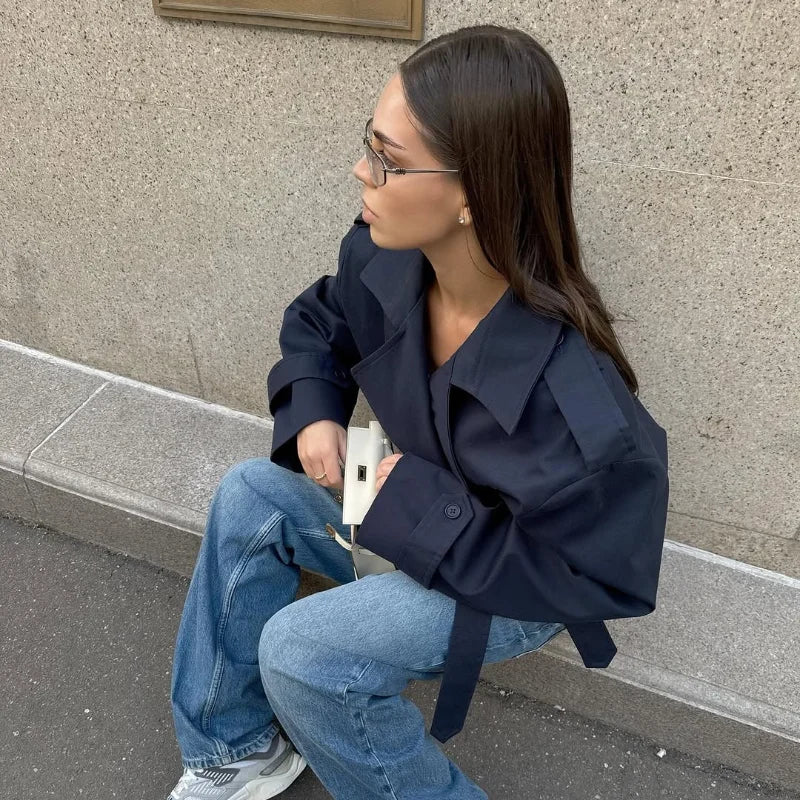 Solid Belted Waist Short Trench Coat Women Chic Wide Lapel Epaulet Detail Loose Long Sleeve Coats Fall Daily Commuter Outerwear