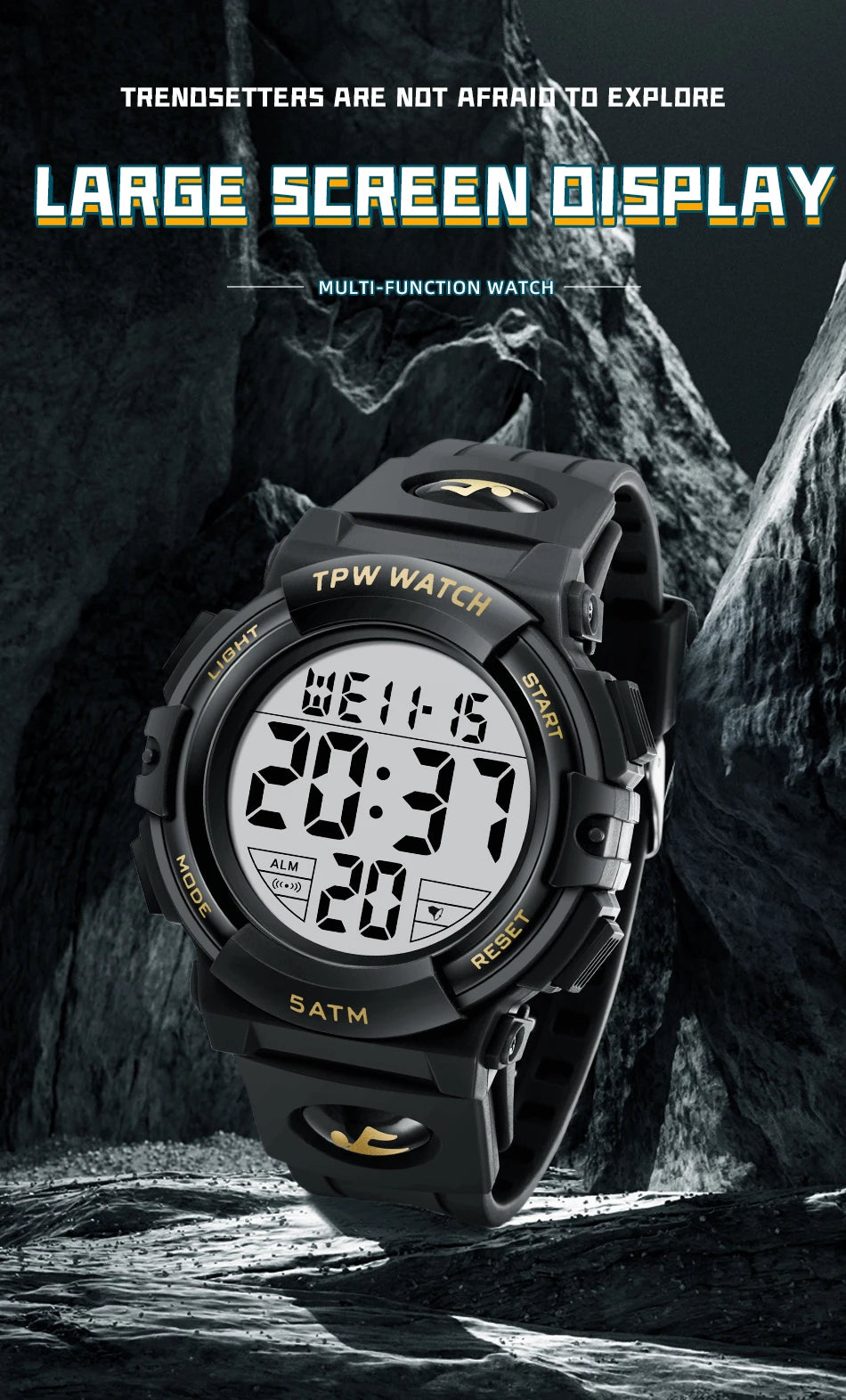 TPW Digital Watch with Big Numbers 5ATM Water Resistant Day Date Alarm Function Adventure Watch