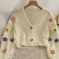 Appliqué Flowers Cardigan Women Fall Winter Cropped V-neck Button-up Knitted Sweater Jacket Fairycore Shrunken Cardigan