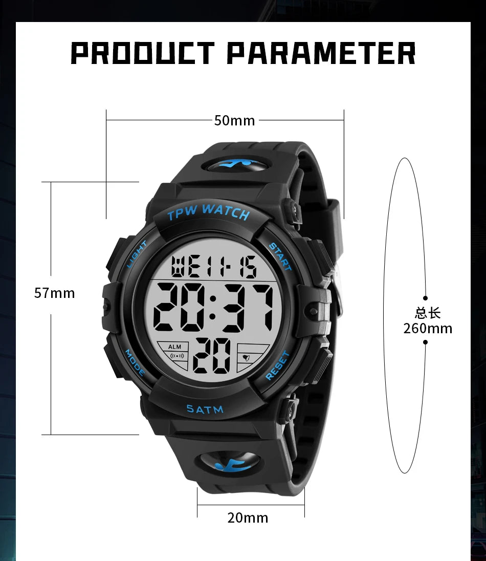 TPW Digital Watch with Big Numbers 5ATM Water Resistant Day Date Alarm Function Adventure Watch