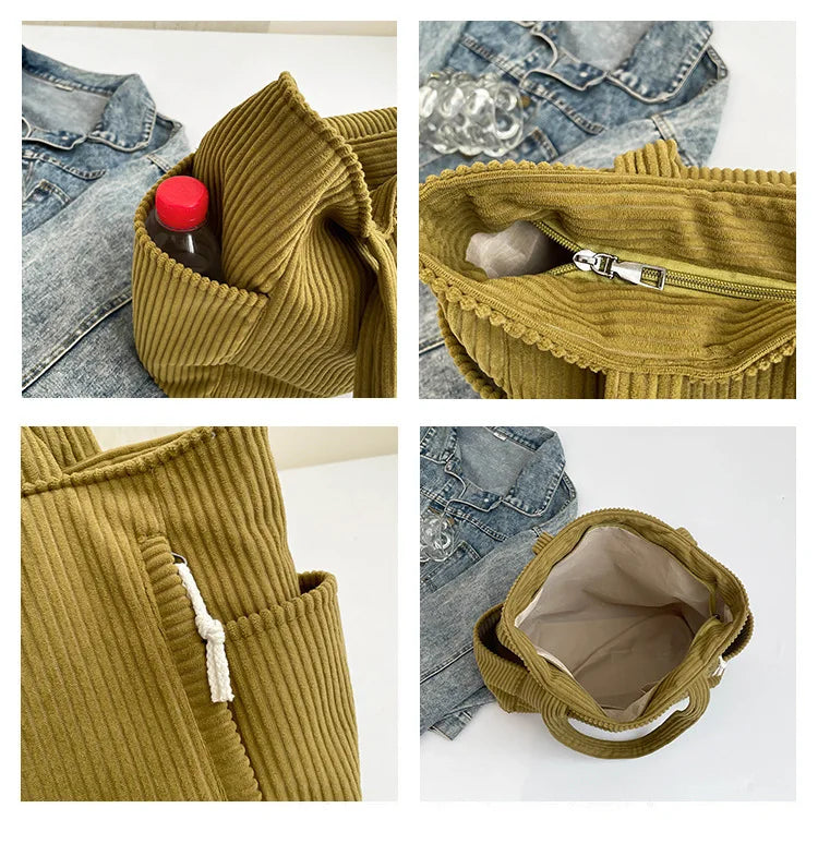Corduroy Women Bag Fashionable Large Capacity Handbag Shoulder Bag Versatile Artistic Retro Student Class Bag with Zipper Pocket