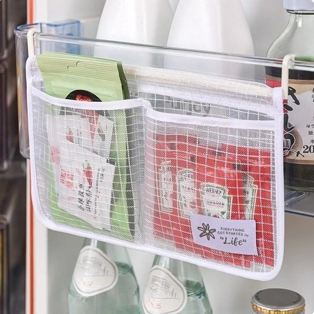 1PC Refrigerator Hanging Mesh Bag Double Compartment Storage Bag Fridge Side Door Organizer for Sauce Packet Kitchen Storage