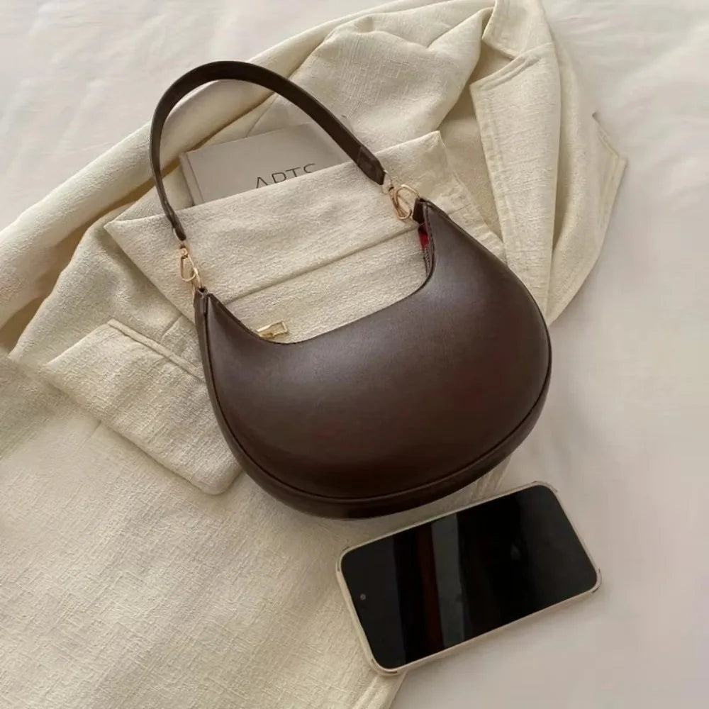 Casual PU Leather Shoulder Bag Moon-shaped Large Capacity Underarm Bag Solid Color Tote Handbag Women's Handbags