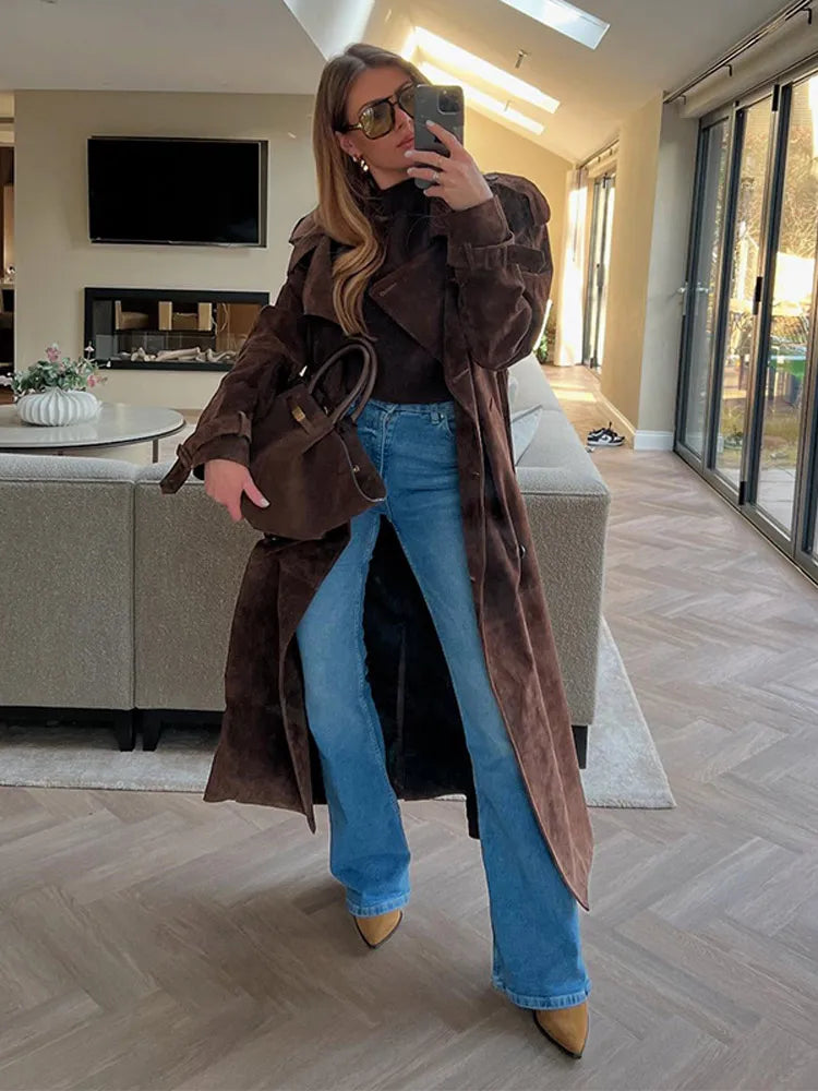 Women's Vintage Brown Suede Trench Coat Long Belted Overcoat Retro Windbreaker Fashion Female Date Commuter Streetwear Outerwear