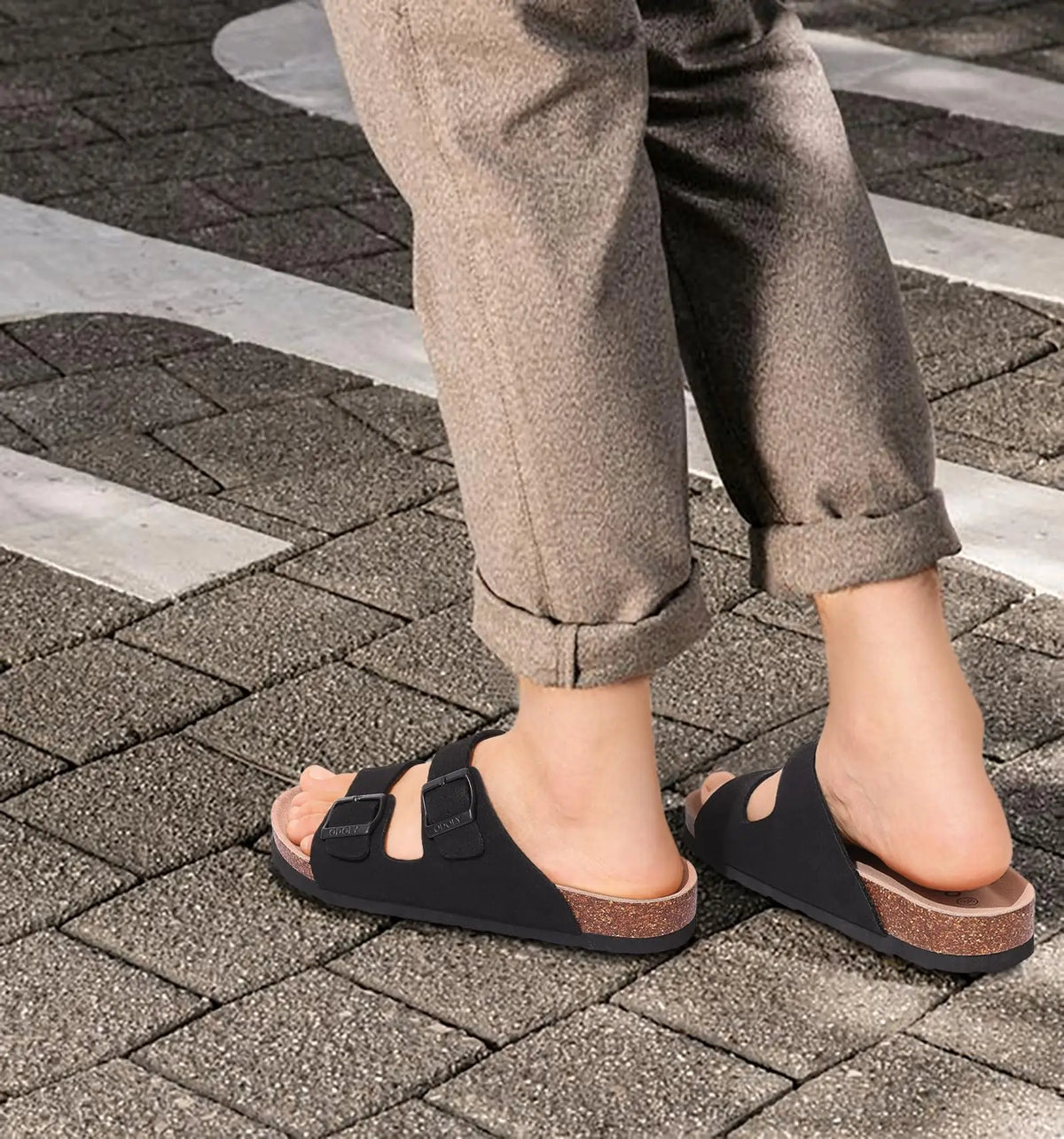 Kidmi Men's Cork Footbed Slide Sandal Slip On Sandals  Women Cork Sandals Nonslip Beach Sandals Female Adjustable Buckle Slides