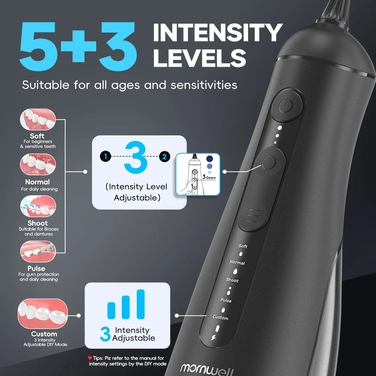 Mornwell Water Dental Flosser Pick for Teeth: 4 Modes 13 Water Levels Cordless Portable 300ML Tank Cleaning Picks F42(F5048)