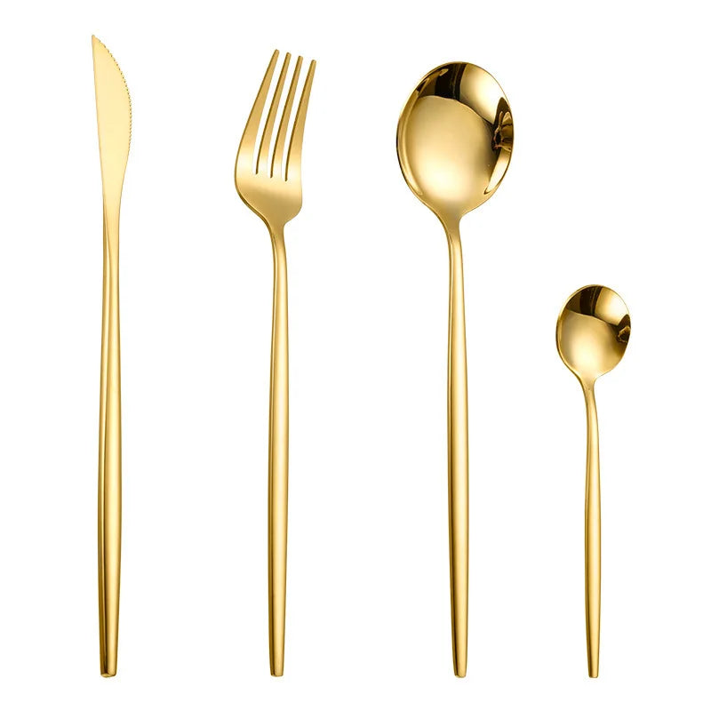 4pcs Gold Flatware Set Tableware Fine Dining Utensil Set Include Knives Forks and Spoons,Circular Fine Handle Kitchen Tools