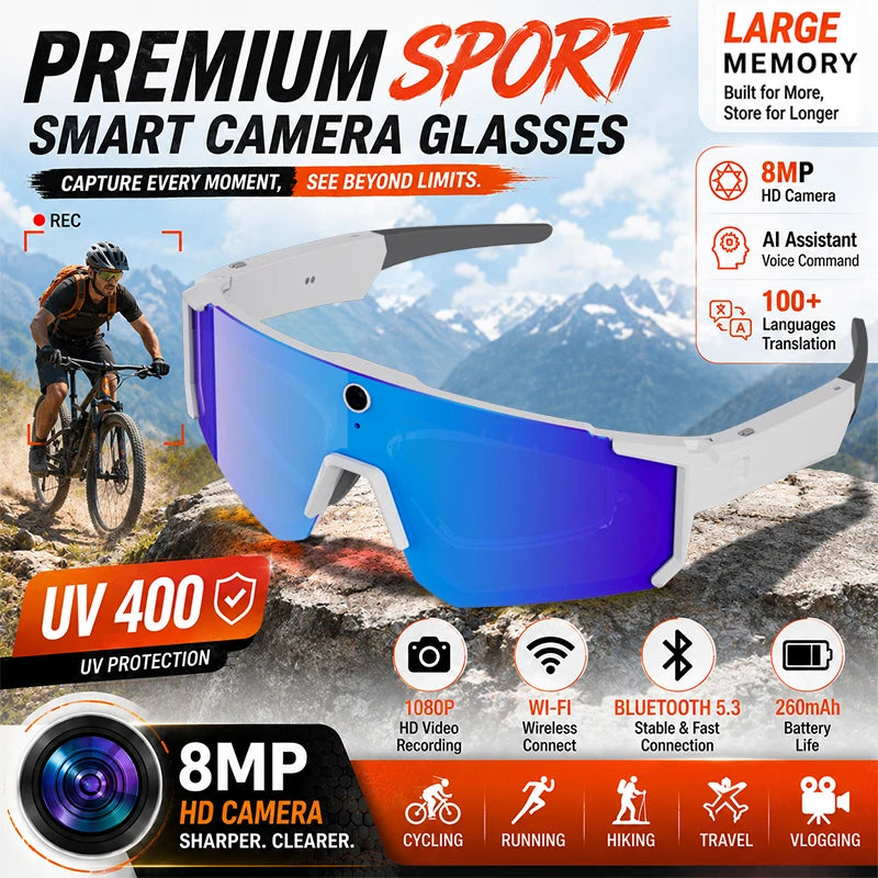 2026 AI Sports Smart Glasses ChatGPT 1200P Camera 4K Anti-shake Video Cycling Riding Sunglasses Translation Dual Mic Sunglasses