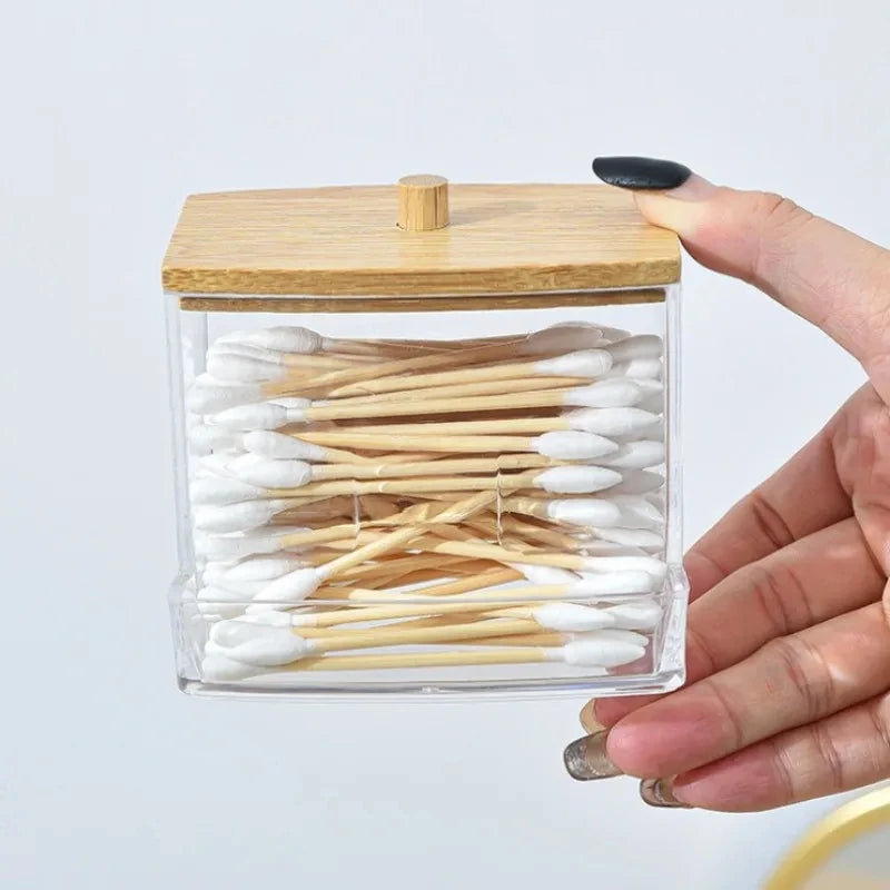 Cotton Swab Storage Box Double Head Wood Baby Cotton Swabs Transparent Square Bamboo Cover Cotton Buds Toothpick Organizer
