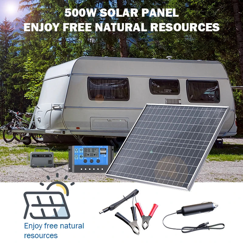 500W-1000W Polycrystalline Solar Panel Kit, 12V Portable Charger & Power Generator for Home, RV, Camping & Outdoor Travel