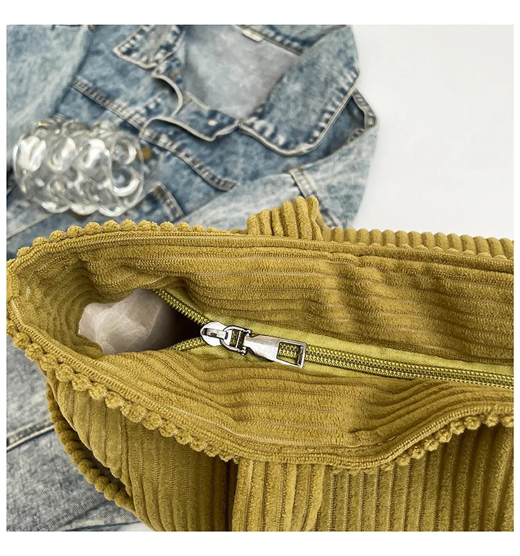 Corduroy Women Bag Fashionable Large Capacity Handbag Shoulder Bag Versatile Artistic Retro Student Class Bag with Zipper Pocket