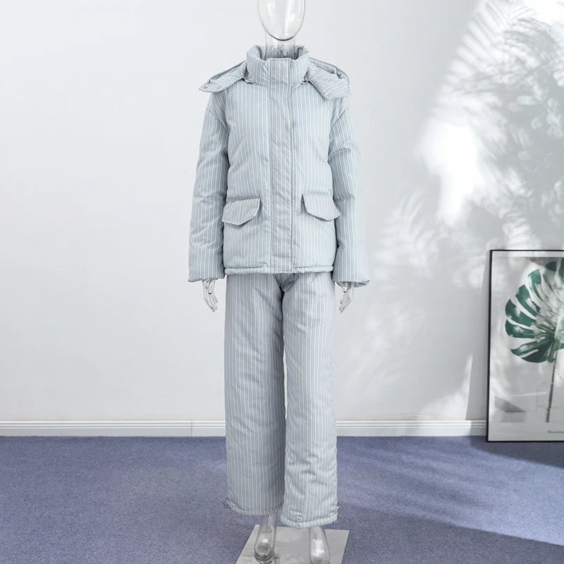 Chic Striped Hooded Puffer Coat Set Women Quilted Full Sleeve Zip Jacket Wide Leg Pants 2026 New Lady Autumn Winter Warm Outfit
