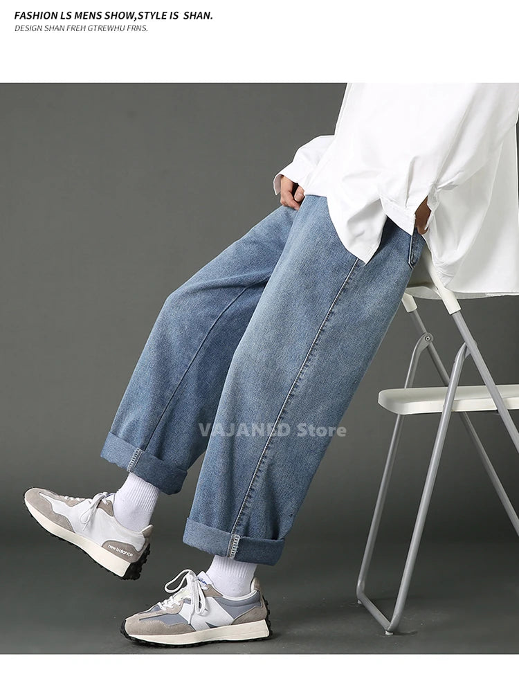 New Street Casual Baggy Jeans Men's Korean Fashion Hip Hop Straight Wide Leg  Trousers Couple Denim Pants Black Light Blue