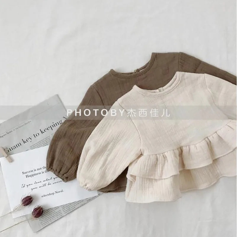 Children's Korean Version Spring and Autumn New T-shirt, Girls' Lotus Leaf Lace Drawstring Long Sleeved Cotton Yarn Top