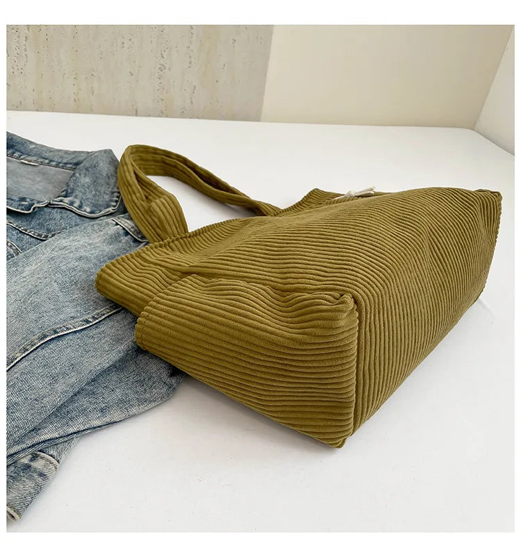 Corduroy Women Bag Fashionable Large Capacity Handbag Shoulder Bag Versatile Artistic Retro Student Class Bag with Zipper Pocket
