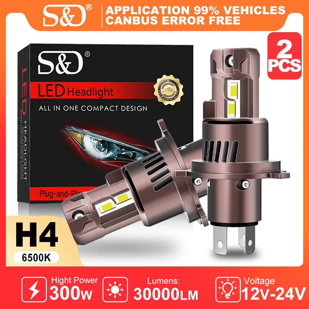 S&D H4 LED Lights Fog Bulb with Turbo Fan 30000LM 300W Super Bright Wireless Auto Lamp 6000K High Low Beam Car Headlamp CANBUS