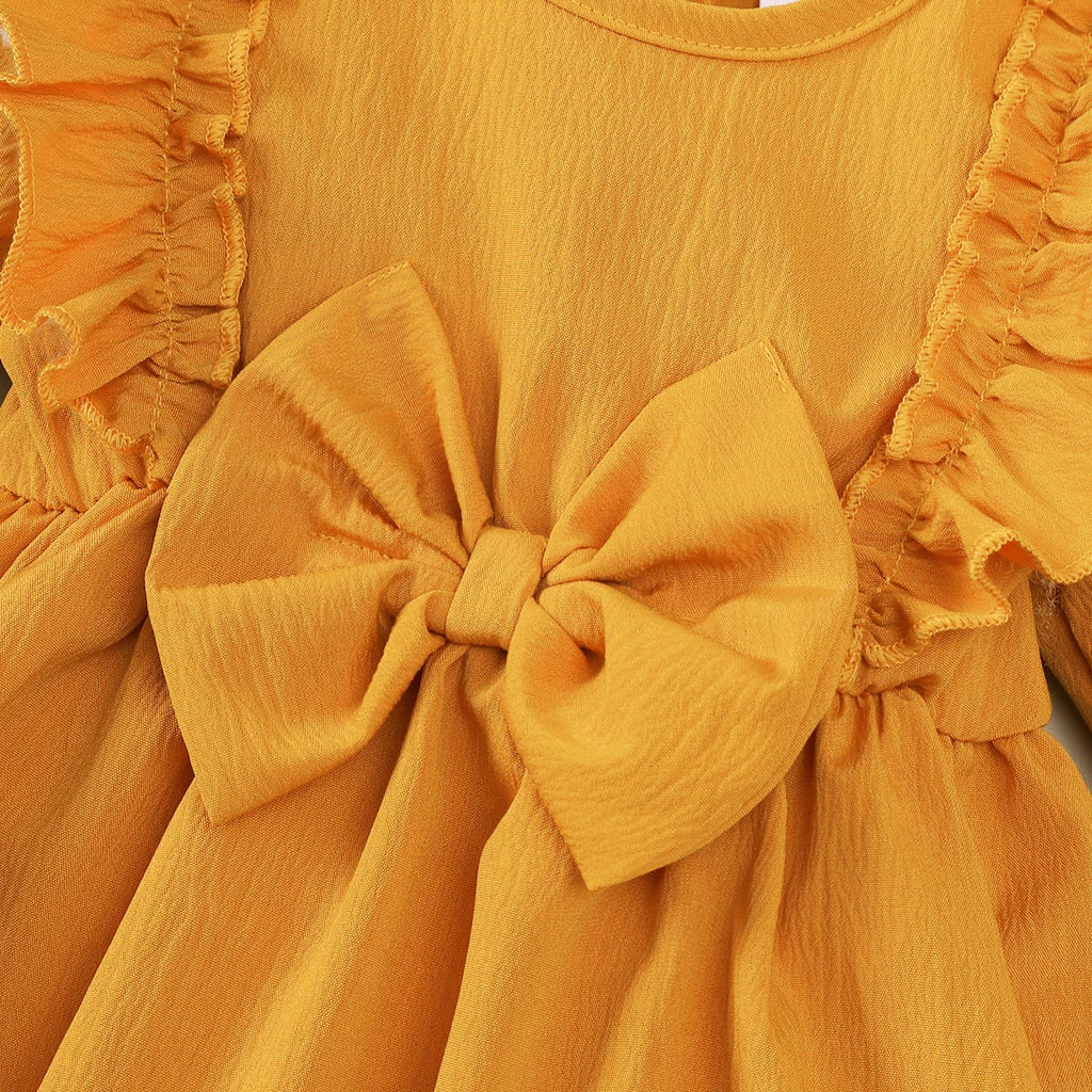 Baby Girl Autumn Dress Ruffled Edges and Bow, Long-Sleeved Dress+Headband for 0-18 Months Cute Baby Girl Holiday Party Costume
