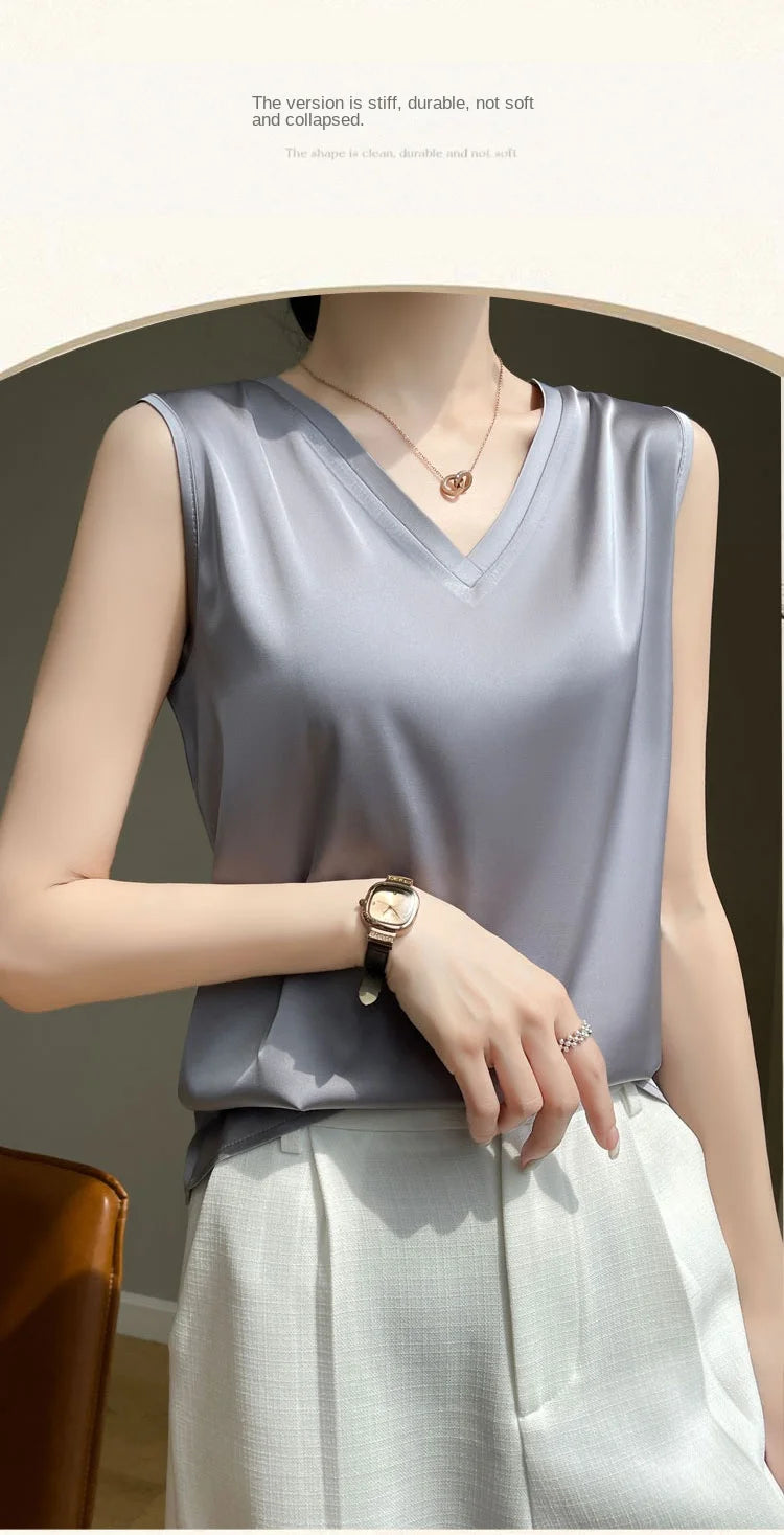 V-Neck Silk Vest Women's Summer Short Sleeved Top Acetate Satin Sleeveless Summer Shirt T-Shirt Loose Suspender Base YTM A39