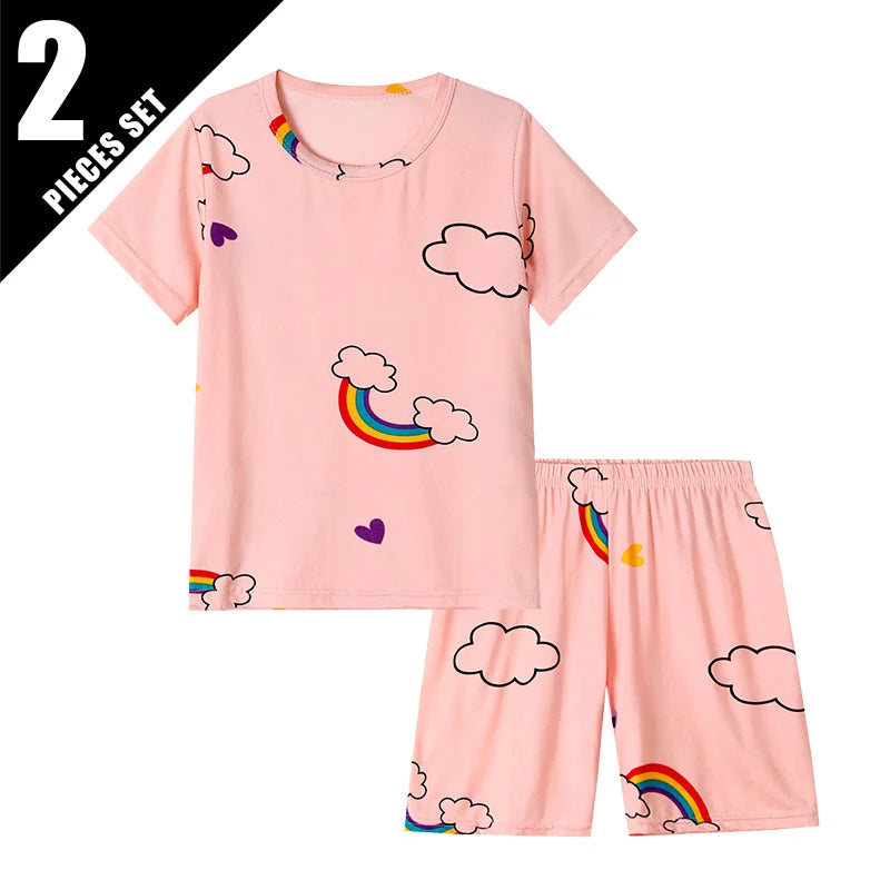 2-pcs Children's Summer Fashion Print Home Clothes Suit Boy Comfortable Joker Dinosaur Short-sleeved Girl Sweet Pink Shorts Suit