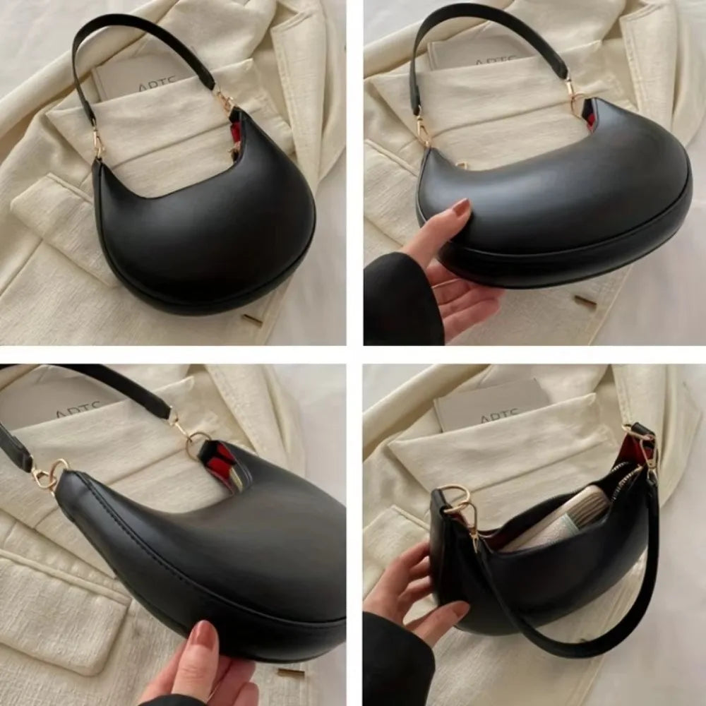 Casual PU Leather Shoulder Bag Moon-shaped Large Capacity Underarm Bag Solid Color Tote Handbag Women's Handbags
