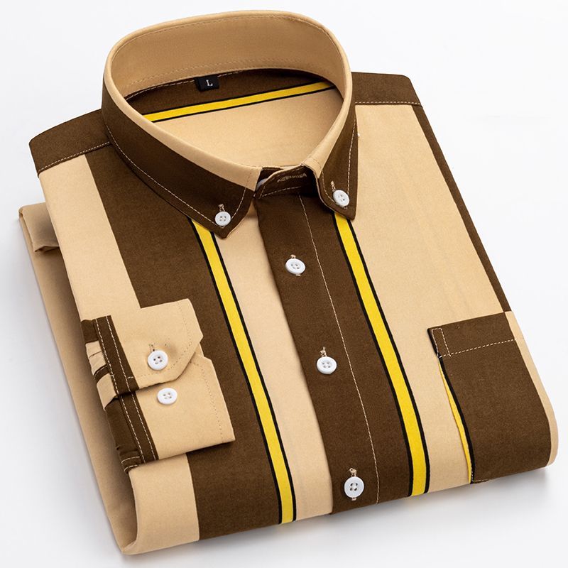 2023 Spring and Autumn Men's Pointed Neck Loose Button Pocket Printed Stripes Casual Fashion Elegant Commuter Long Sleeve Shirt