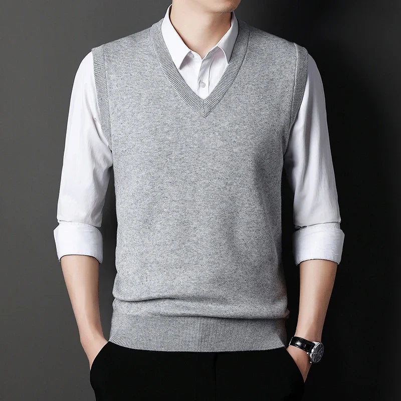 2026 Autumn Winter New Men's Solid Color V-neck Knitted Vest Casual Fashion Warm Sweater Versatile Top