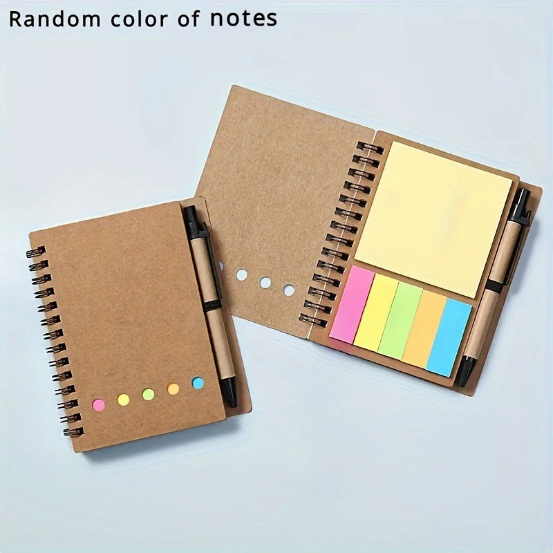 Spiral pocket notebook with pen holder, sticky notes, and colored index tags - Durable brown paper cover notebook  Easy to carry