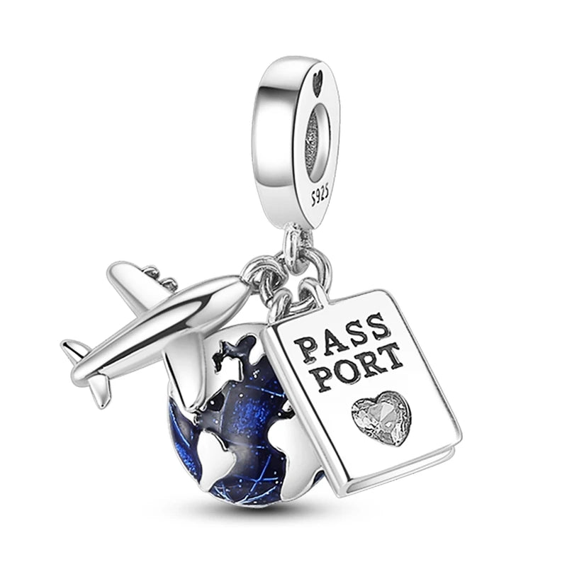 MULA Hot Sale 925 Silver Plane Passport Travel Charm Fit Original Snake Chain Bracelet DIY Jewelry Gift For Women