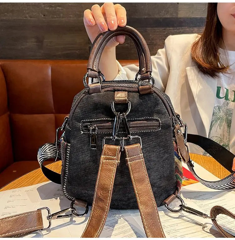 Denim Small Backpack  New Contrast Color Women Bag Retro Ethnic Style Embroidered Multifunctional Bagpack Crossbody Bolsa