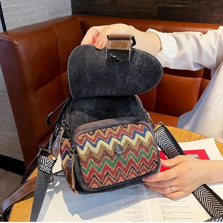 Denim Small Backpack  New Contrast Color Women Bag Retro Ethnic Style Embroidered Multifunctional Bagpack Crossbody Bolsa