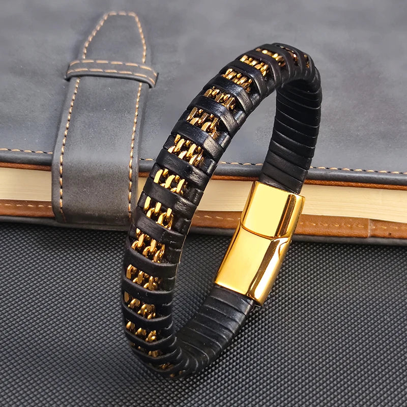 New Fashion 8mm Chain Curb Cuban Link Charm Leather Bracelets Men Stainless Steel Magnet Clasp Hand Bracelet Homme Men's Gifts