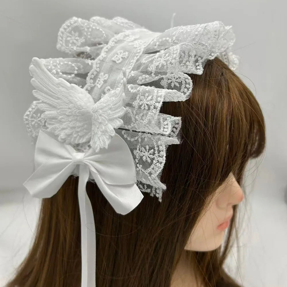 New Lace Lolita Wing Angel Headband Ribbon Bowknot Gothic Hair Band Sweet Cosplay Headdress Headwear