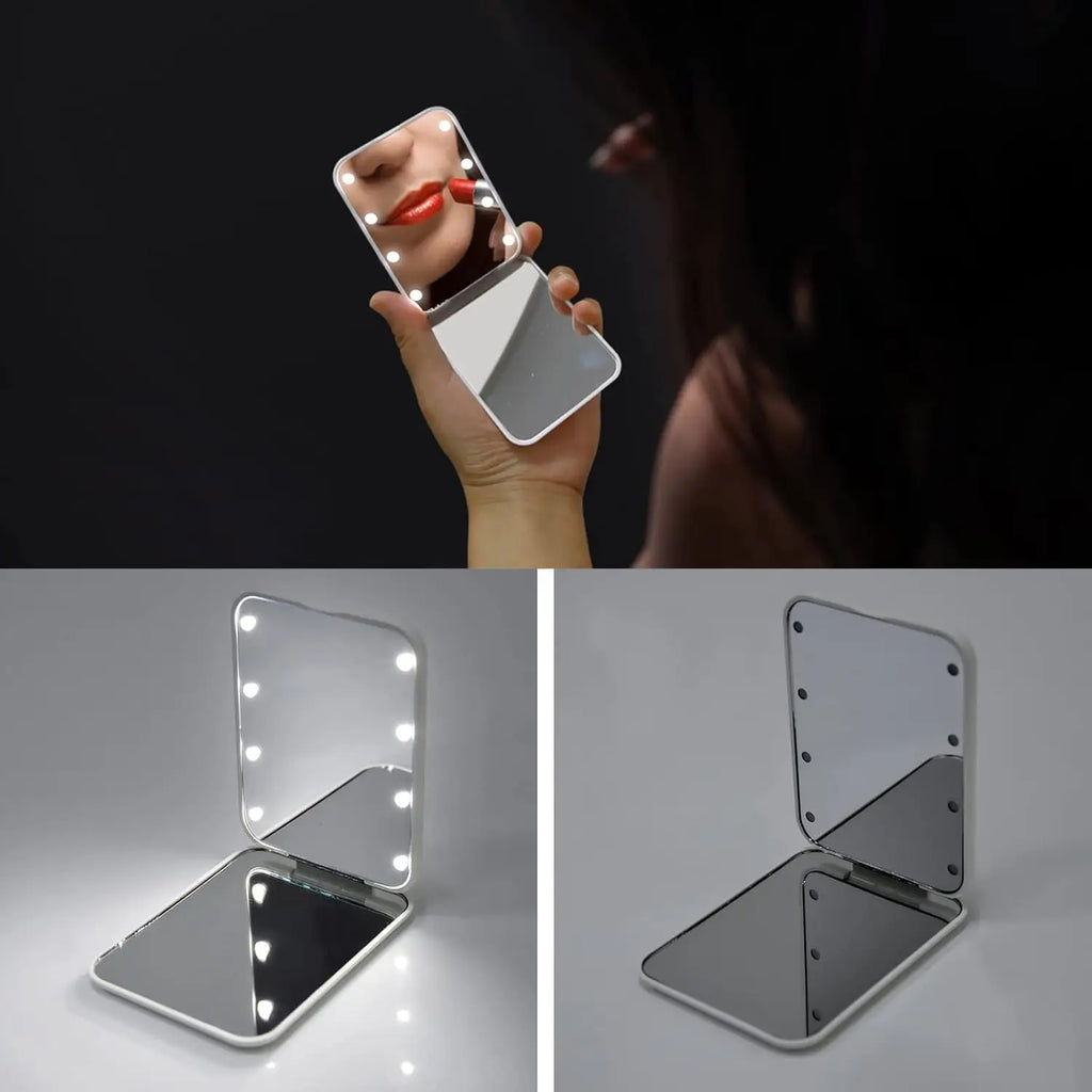 Mini Handheld Makeup Mirror 1X/3X Magnifiying Compact Folding Travel Portable With Light Makeup Pocket Mirror 8 Leds for Gifts