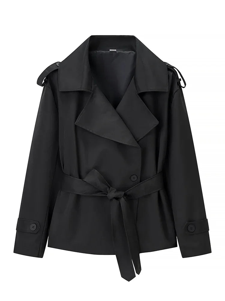 Solid Belted Waist Short Trench Coat Women Chic Wide Lapel Epaulet Detail Loose Long Sleeve Coats Fall Daily Commuter Outerwear