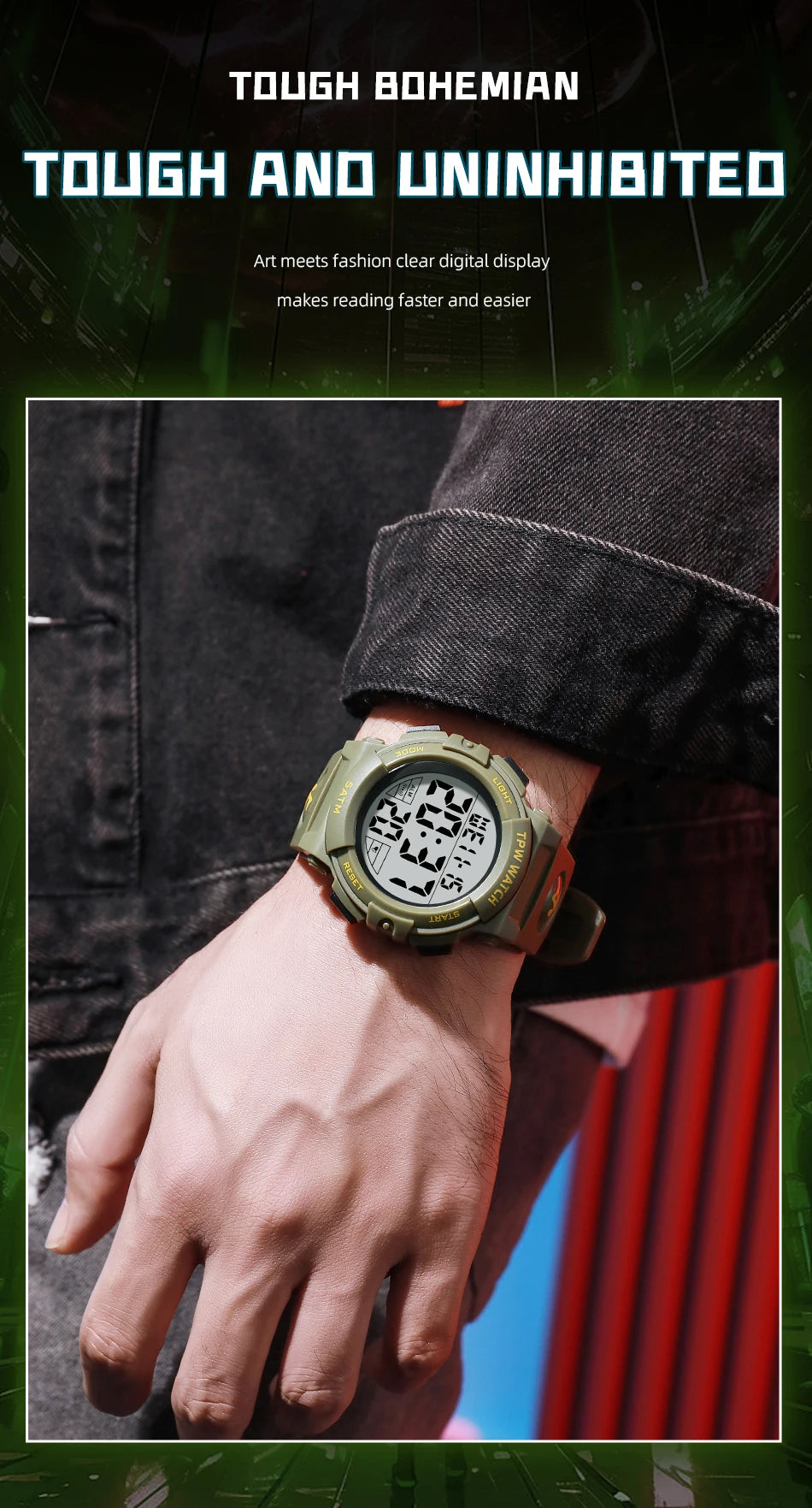 TPW Digital Watch with Big Numbers 5ATM Water Resistant Day Date Alarm Function Adventure Watch