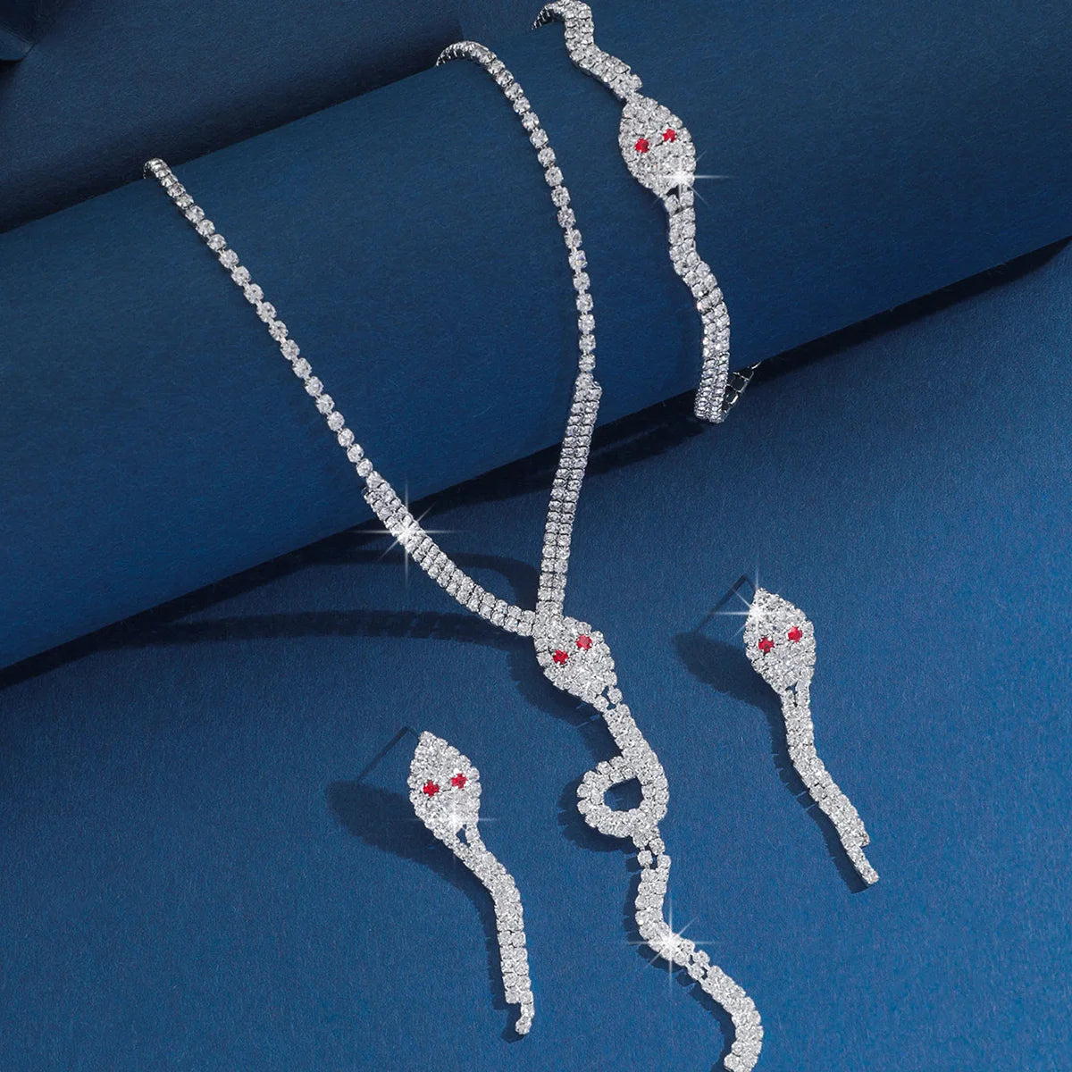European and American popular jewelry set with rhinestone snake shaped necklace, bracelet, earrings, four piece set for women
