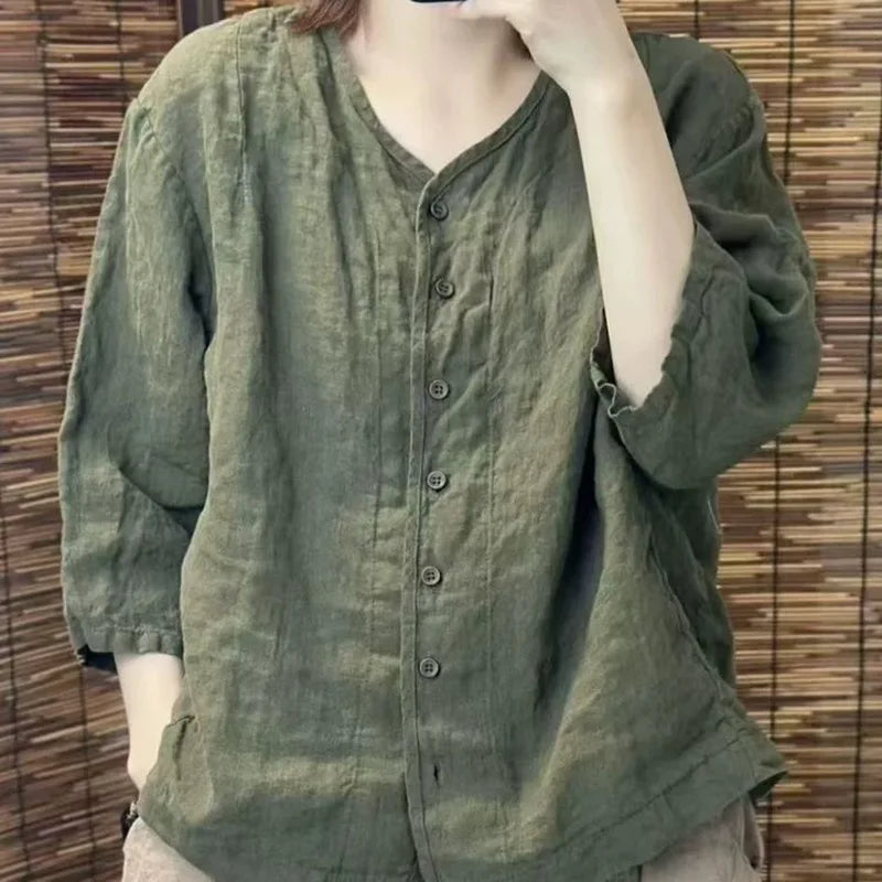 Women's Shirt 2025 Spring Summer Cotton and Linen Round Neck Retro Ladies Blouse Solid Age Reduction Lady Cardigan T-shirt