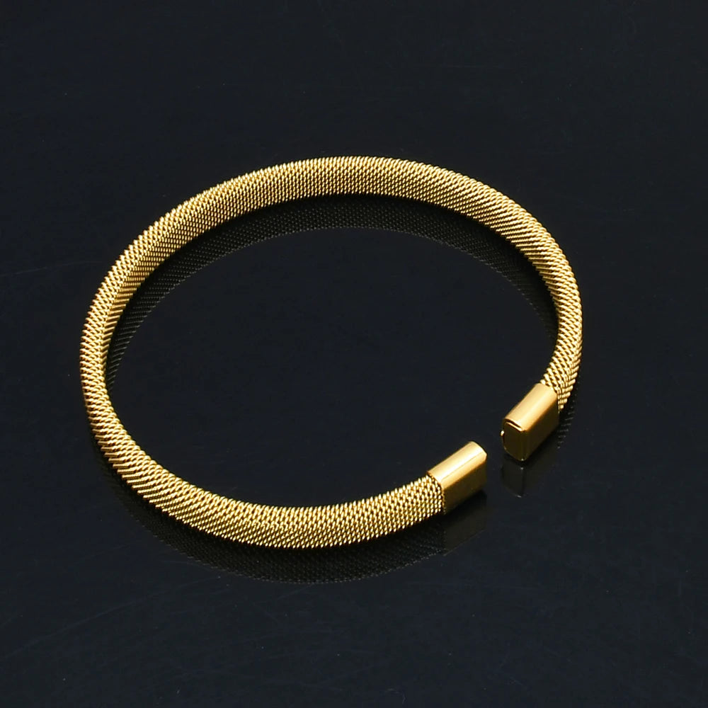 Elastic Adjustable Black Stainless Steel Mesh Cable Bangle Bracelet for Men Women