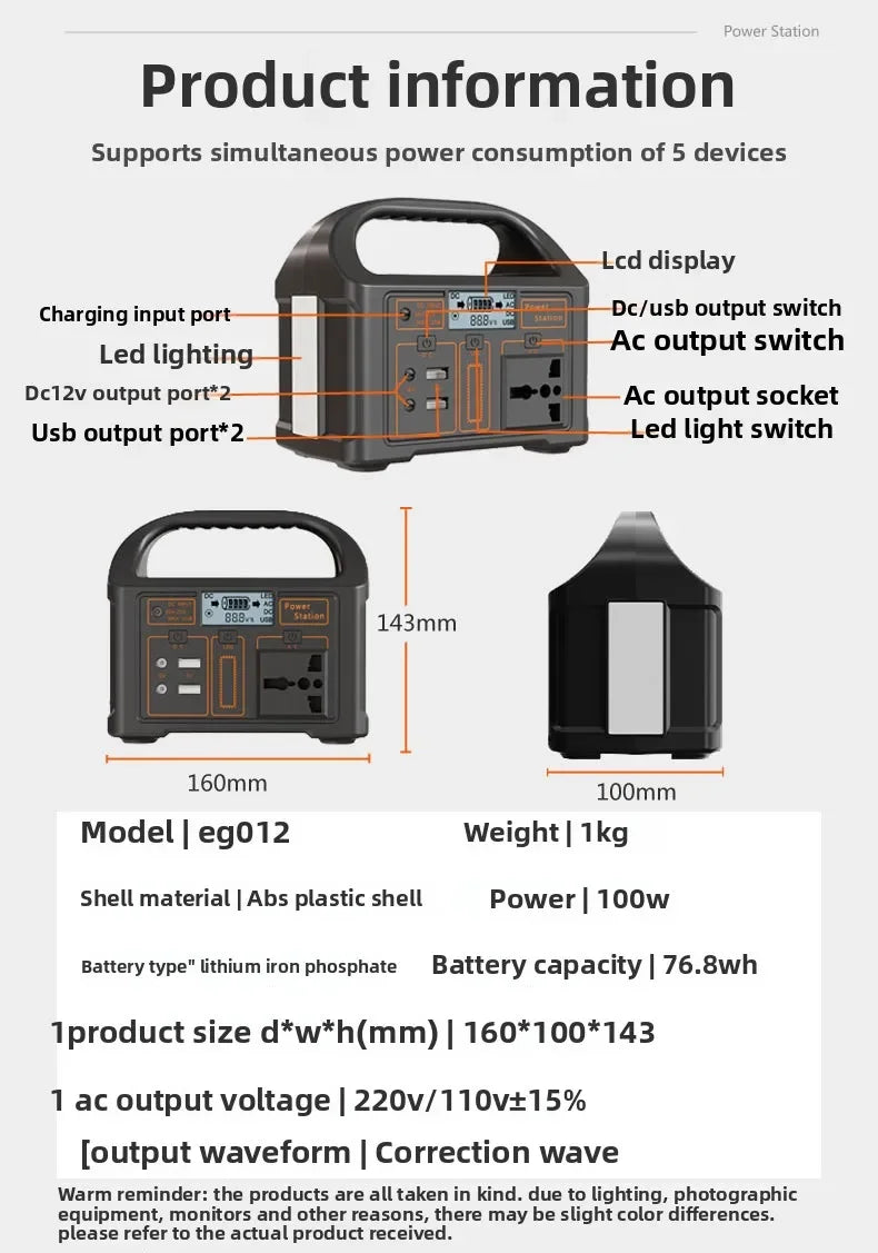 100W 76.8Wh Portable Power Station Solar Generator Outdoor Emergency Mobile 24000mAh LiFePO4 Power Bank For Camping Power LED