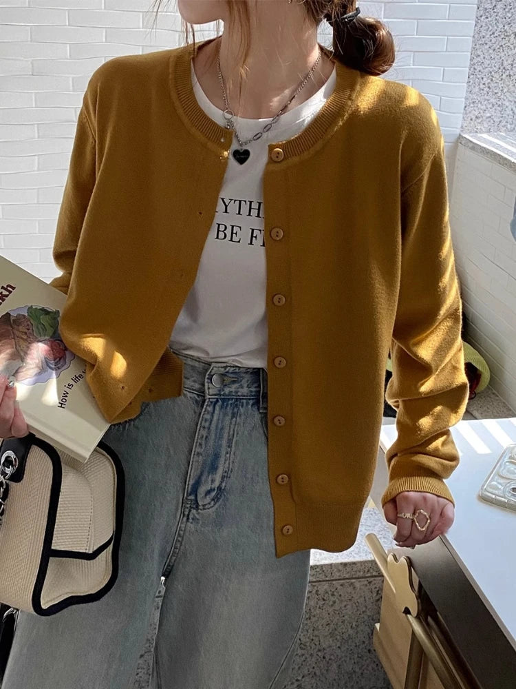 2026 Women Cardigans Sweater Casual Warm Spring Summer O-neck Long Sleeve Single Breasted Slim Fashion Korean Knitwears Tops